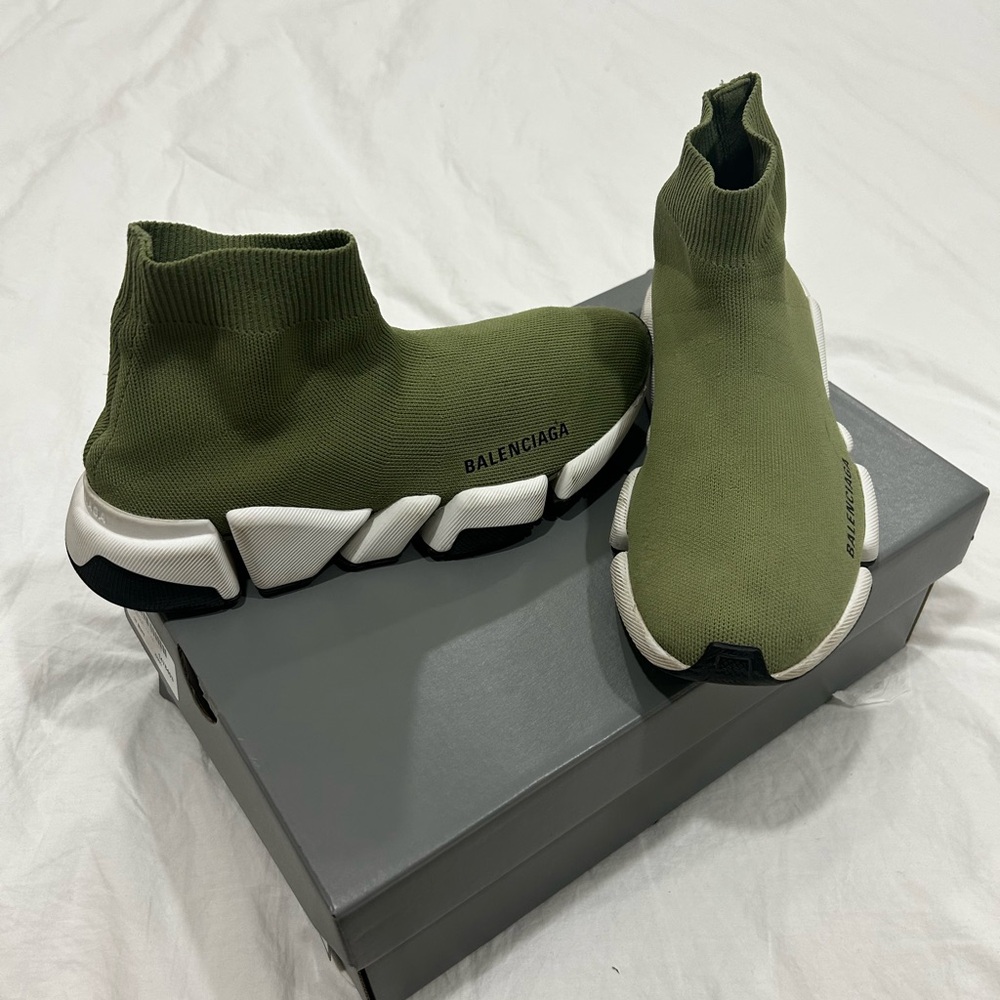 Balenciaga Khaki & White Recycled Knit Slip-On Sneakers